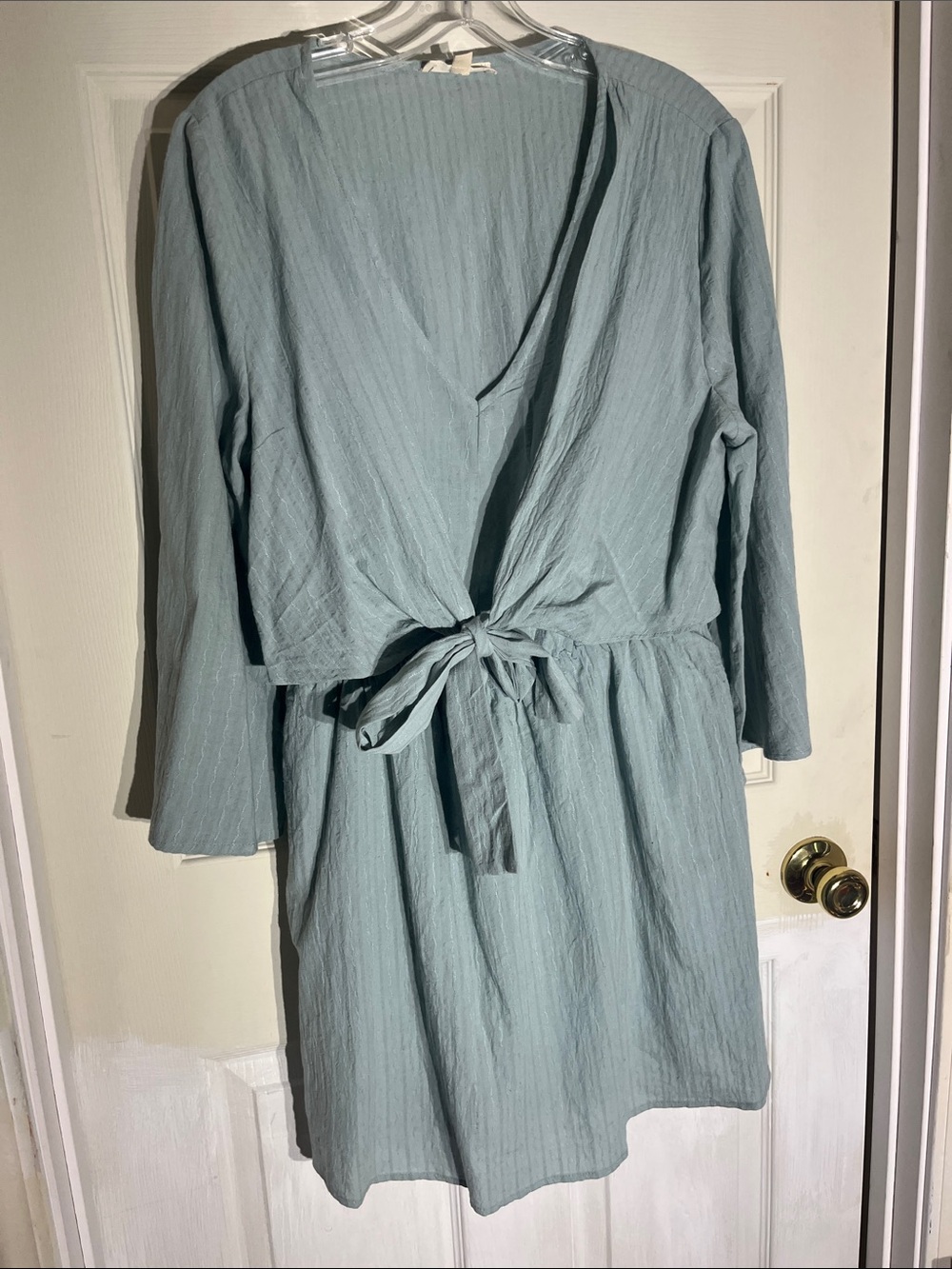 Entro Sage Textured faux Wrap Dress with Waist Tie Boho Long Sleeve Casual Chic
